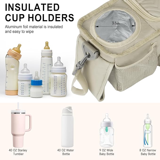 Universal Stroller Organizer with Insulated Cup Holder,Stroller Caddy Bag with Wet Wipes Pocket,Stroller Accessories Fits for Uppababy,Doona,Jogger,Britax,Mompush,BoB Strollers,Apricot