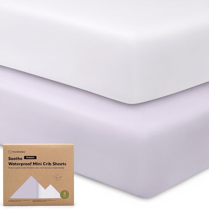 2 Pack and Play Sheets, Waterproof Mini Crib Sheets Fitted - 38x26 Organic Cotton Pack N Play Sheets for Graco Pack and Play Mattress, Playard Baby Crib Sheets, Neutral for Boy, Girl, Toddler (Lilac)