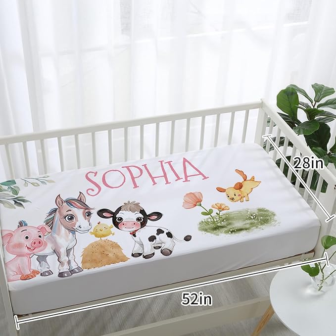 Personalized Baby Crib Bedding Set: 4 Piece Custom Animal House Crib Bed Set with Name, Nursery Bedding Set for Baby Girls, Newborn Boys Crib Sets, Crib Bedding Custom Gift, Crib Sheet