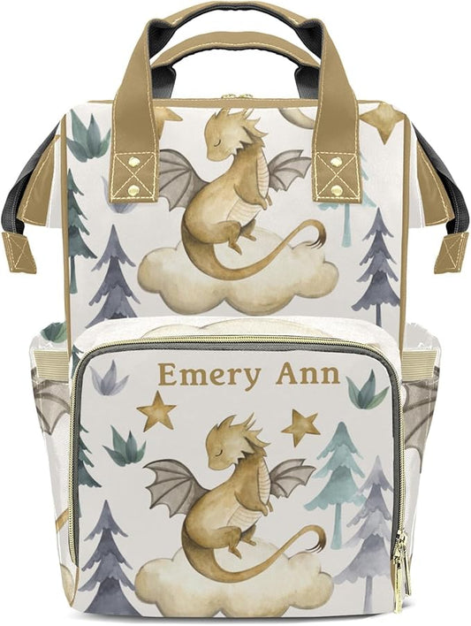 Personalized Cute Dragon Watercolor Custom with Name Diaper Bag Backpack For Baby Boy Girl Dad Mom Unisex for Adult Daypack Holiday Gift