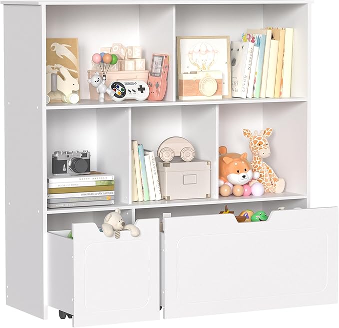 BRINJOY Toy Storage Organizer with 2 Movable Drawers, 3-Shelf Kids Bookcase Children's Toy Chest Cabinet for Playroom Bedroom Daycare Nursery School, 5 Cubes Montessori Bookshelf
