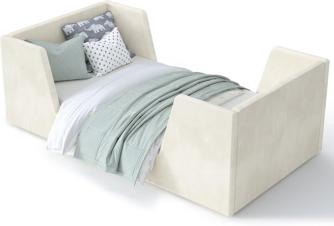 Toddler Bed, Toddler Floor Bed Frame with Guard Rails, Kids Bed for Ages 2-6 Years, Certified Fabric
