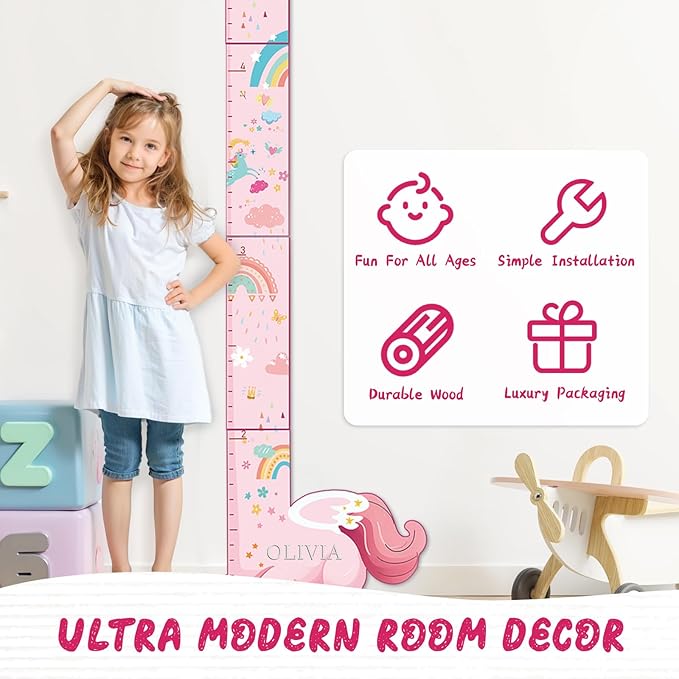 Woodemon Personalized Name Growth Chart for Kids, Unicorn Wooden Wall Decor Growth Chart, Wall Decor for Kids Room, Wooden Growth Chart for Wall and Nursery Medical Office Toddler Playroom