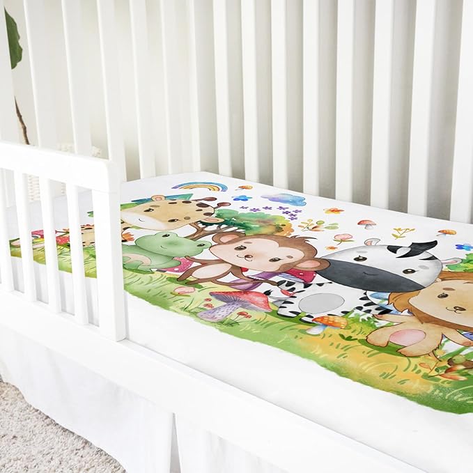 Baby Jungle Safari Animals Tropical Leaves Flowers Baby Crib Sheet 52''x28'' Fitted Crib Mattress Cover for Boy Girl Nursery Bed Sheet Fits Standard Crib Toddler Mattress (Forest, One Size)