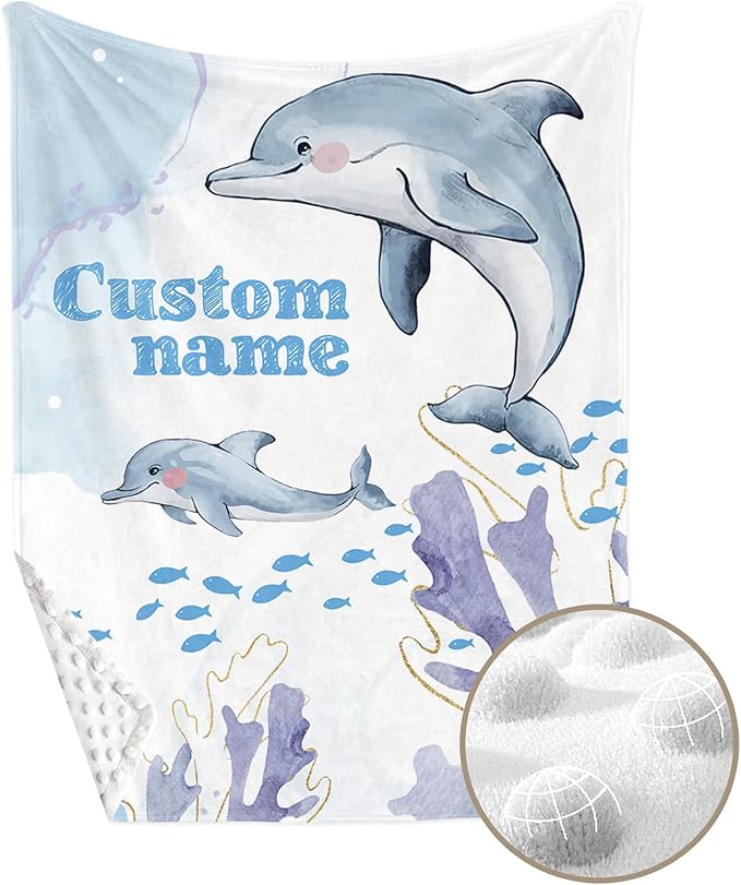 Personalized Baby Crib Bedding Set, Custom Name Blue Dolphin Baby Bedding 2-Pcs Set - Soft Double Layer Dotted Blanket and Fitted Sheet, Nursery Bedding for Newborn Boys Girls, Perfect Shower Gift