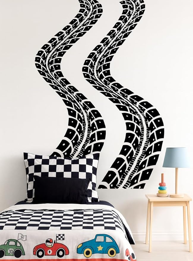 Tire Tracks Wall Decal for Kids Room – Racing Tire Mark Wall Sticker – Car Theme Bedroom, Nursery & Playroom Decor – Race Track Wall Art for Children & Boys Rooms