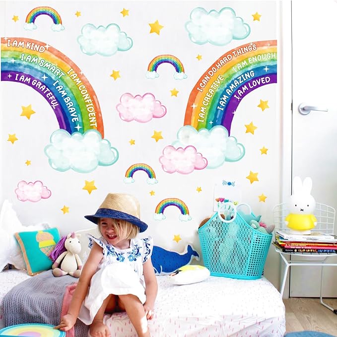 Colorful Rainbow Wall Stickers Inspirational Wall Decal for Kids Boys Girls Bedroom Watercolor Rainbow Walls Decal Peel and Stick Positive Cloud Vinyl Art Murals for Toddler Baby Room Playroom Nursery