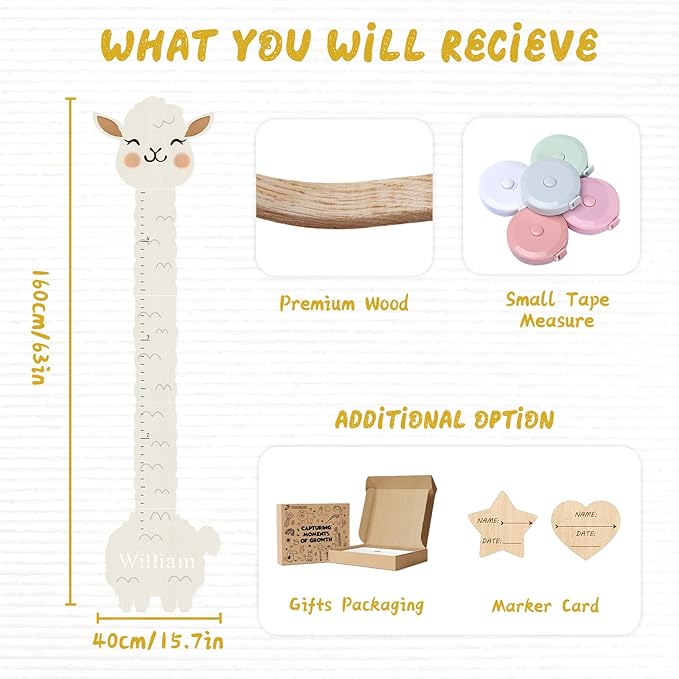 Woodemon Personalized Name Height Chart for Kids, Alpaca Wood Growth Chart, Height Measuring for Children, Boy Girls Height Wall Chart Growth Measuring Ruler for Nursery Decor, Lightweight