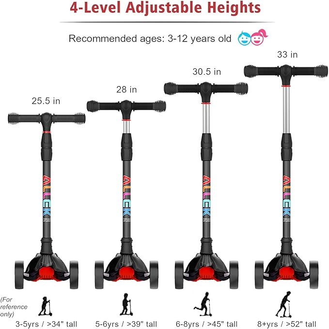 Allek Kick Scooter B02, Lean 'N Glide Scooter with Extra Wide PU Light-Up Wheels and 4 Adjustable Heights for Children from 3-12yrs (Black)