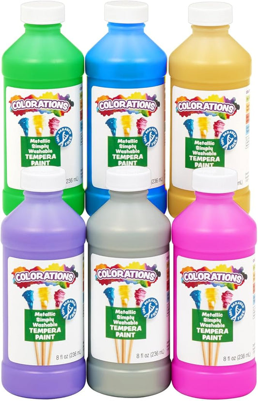 Colorations Paraben-Free Metallic Simply Washable Tempera Paint- Set of 6, 8 oz. Each Bottle, Non-Toxic, Classroom Essentials, Arts and Crafts Supplies for Kids and Adults