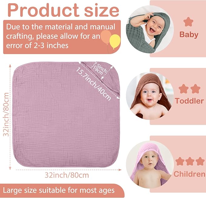 Peryiter 6 Pcs Muslin Hooded Baby Towels, 32x 32'' Cotton Newborn Bath Towel Muslin Infant Baby Blankets Absorbent Unisex Christmas Registry Gift Essentials for Girls Boys (Green and Pink Series)