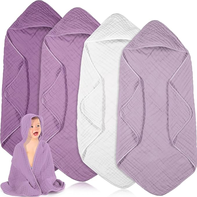 Peryiter 4 Pcs Muslin Hooded Baby Towels, 32x 32'' Cotton Newborn Bath Towel Muslin Infant Baby Blankets Absorbent Unisex Christmas Registry Gift Essentials for Girls Boys (Purple Series)
