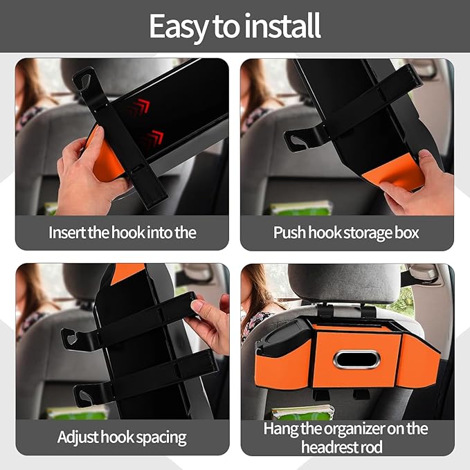 Oivjckx 7-In-1 Multifunctional Car Seat Back Organizer with Cup Holders, Tissue Box, Garbage Can & Hooks, Headrest Storage & Cup Holder for Backseat (Orange)