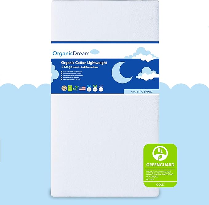 ORGANICDREAM Crib Mattress + Toddler Bed - 100% Breathable Proven to Reduce Suffocation Risk, Hypoallergenic, GREENGUARD Certified - Lightweight 2-Stage Removable Cover - Deluxe 6" Thick - White
