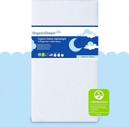 ORGANICDREAM Crib Mattress + Toddler Bed - 100% Breathable Proven to Reduce Suffocation Risk, Hypoallergenic, GREENGUARD Certified - Lightweight 2-Stage Removable Cover - Deluxe 6" Thick - White