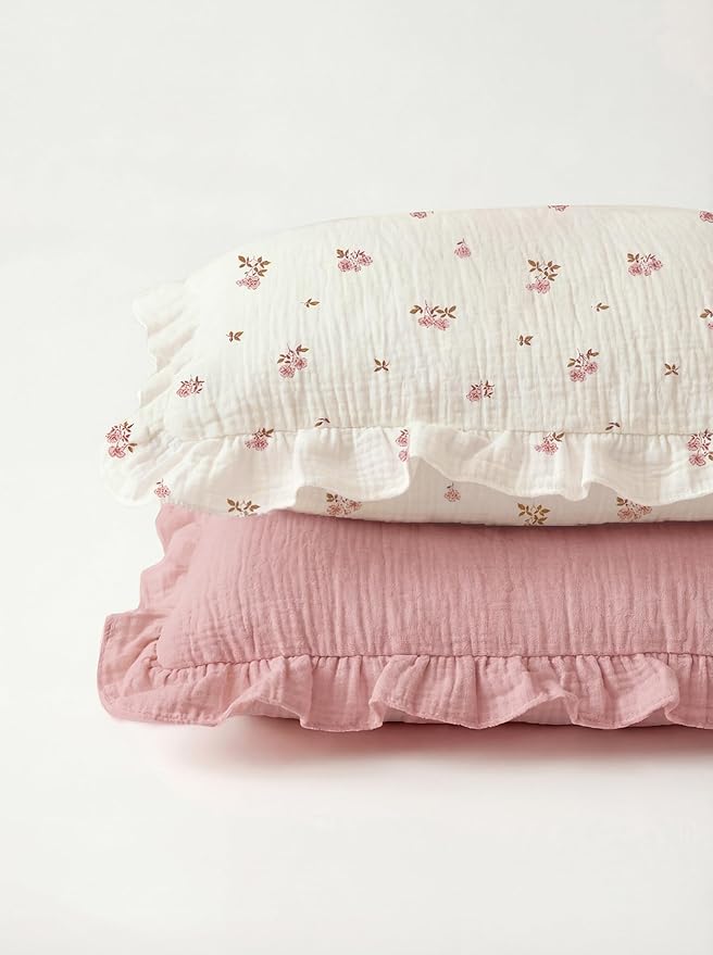Muslin Ruffled Toddler Pillowcases 13"x18" 2 Pack, Soft, Breathable Muslin Cotton Travel Pillow Covers with Envelope Closure for Baby Boys, Girls & Kids (Fern Leaf & Sage-Ruffled, 13 x 18 Inch)