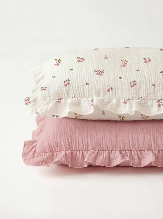 Muslin Ruffled Toddler Pillowcases 13"x18" 2 Pack, Soft, Breathable Muslin Cotton Travel Pillow Covers with Envelope Closure for Baby Boys, Girls & Kids (Vintage Blossom-Ruffled, 13 x 18 Inch)