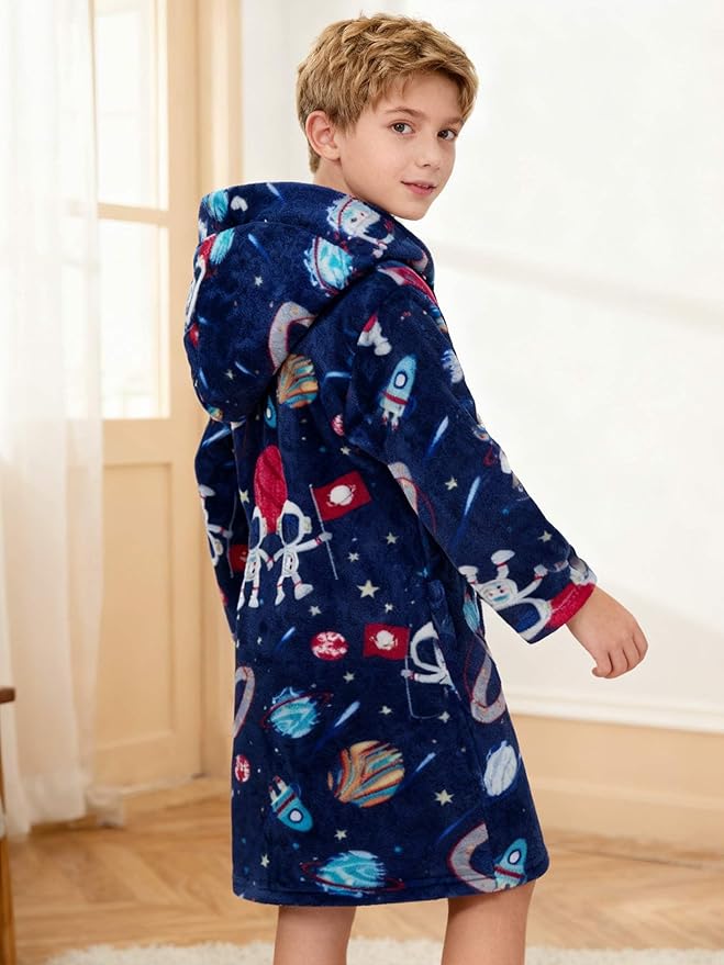 SANGTREE Boys Girls Robe Fleece Hooded Soft Toddler Bathrobe Cute Boys Bathrobe Fuzzy Plush Robes for Kids, 2-12 Years