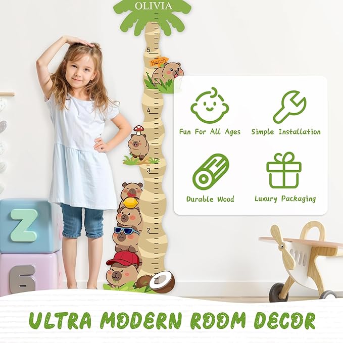 Woodemon Personalized Name Growth Chart for Wall, Cute Capybara Wood Height Chart for Kids, Boy Girls Height Measurement Growth Measuring Ruler, Toddler Children Playroom Decor