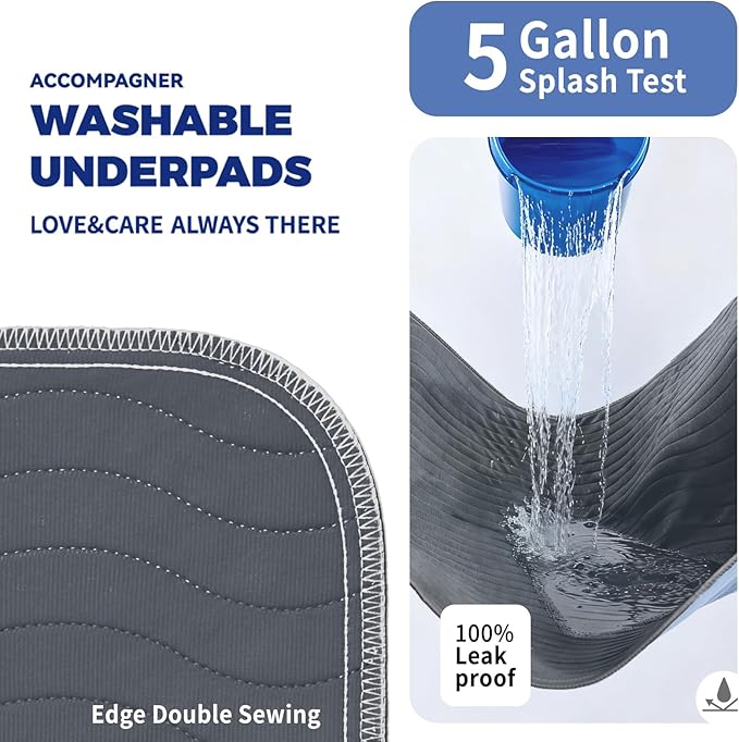 Accompagner Waterproof Reusable for Adults and Pets Washable Pee Pads for Dogs Changing Pad Large Dog Bed Size Adults Incontinence Bed Pads - Non-Slip Leak-Proof (Dark Gray, 4Pack-24" x24")