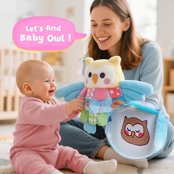 JoyCat Baby Toys for 0-12 Months,13 Inch Sensory Owl Stuffed Animal, Soft Montessori Tummy Time for Infant with Textured Crinkle Mirror, Carseat Toy for Newborn Boys & Girls Birthday Christmas Gifts