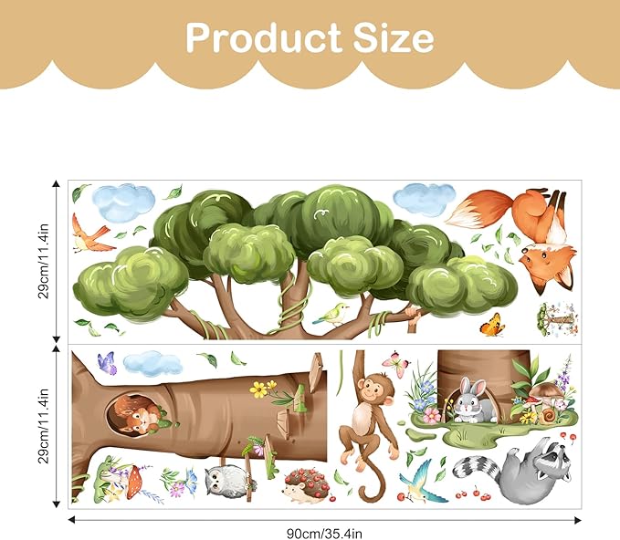 Tanlaby Woodland Animal Tree Wall Decals Rabbit Fox Monkey Baobab Tree Wall Stickers Peel and Stick Art Decor for Baby Nursery Kids Bedroom Toddler Room Decor, 38in H