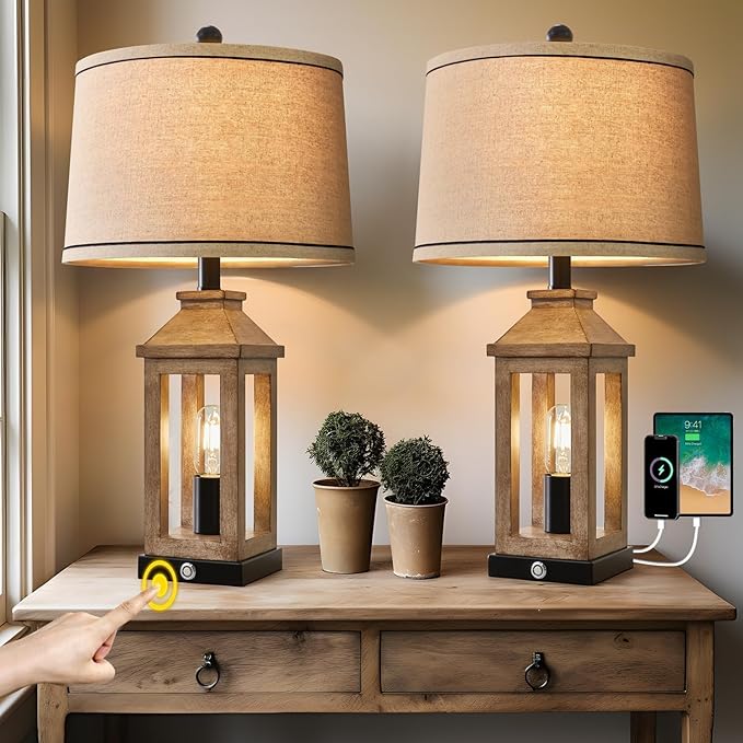 G-SAFAVA 23.75" Farmhouse Dual USB Charging Ports 3-Way Dimmable Touch Control Table Lamp with Nightlight Vintage Modern Lamps for Living Room Bedroom