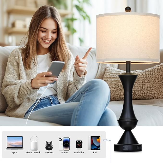 luxeflow 29" Black Tall Table Lamps for Living Room, Touch Control Bedroom Lamp with USB A+C Ports, 3-Way Dimmable Bedside Table Lamps Set of 2, Modern Metal Lamp for Nightstand