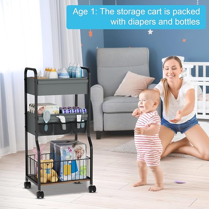 NEYCIL 3-tier Baby Diaper Caddy Organizer and Storage Cart with 4+3 Dividers, Metal Utility Cart with Lockable Wheels for Nursery, Bedroom, Bathroom, Black