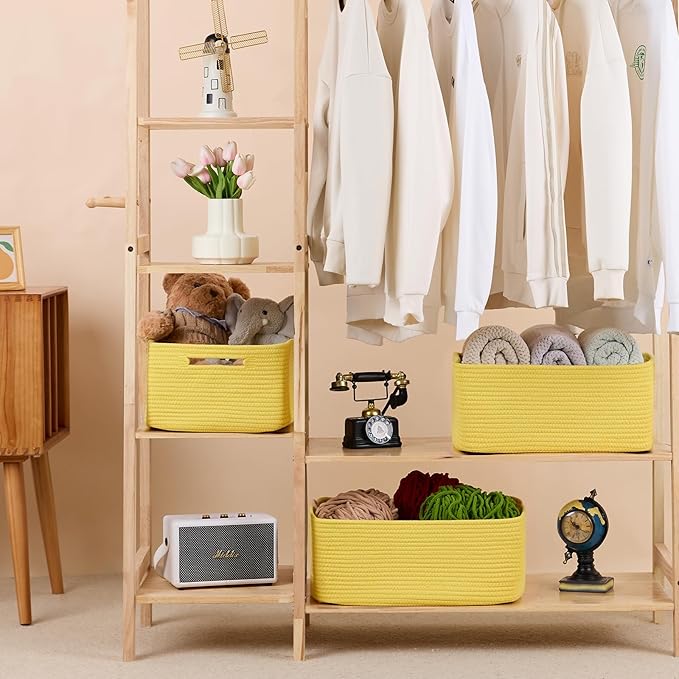 MiniArk Large Storage Baskets for Shelves, Closet Organizers Bins for Clothes Blanket Towels, Baby Nursery, Toy Baskets Box, Woven Rope Baskets, 17 x 13 x 7.5”, 2 Packs Yellow