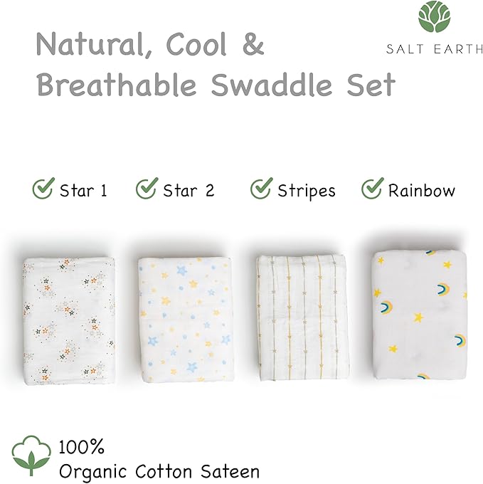 Salt Earth 100% Organic Cotton GOTS Certified 2-Layered Swaddle Baby Blanket, 4 Pack,47"x47" Receiving Blankets for Swaddling,Wrap for Boy & Girl, Newborn Baby Essentials, Registry (Star & Rainbow)