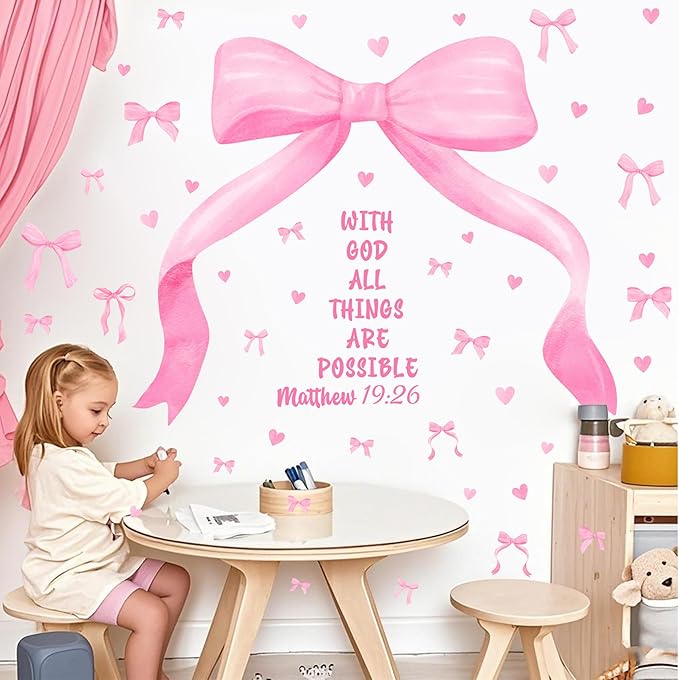 Large Watercolor Girls Room Wall Decals Pink Bow Wall Stickers Peel and Stick Pastel Pink Bow Decor for Baby Room Coquette Sticker Inspirational Quotes Vinyl Decal Art Mural for Nursery Kids Playroom