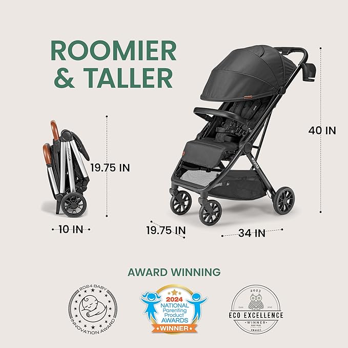 Bombi Bēbee V2 Lightweight Baby Stroller - Premium Vegan Leather, One-Hand Fold, Infinite Recline, Aircraft-Grade Aluminum Frame, XXL Canopy, and Ample Storage Umbrella Stroller - Onyx