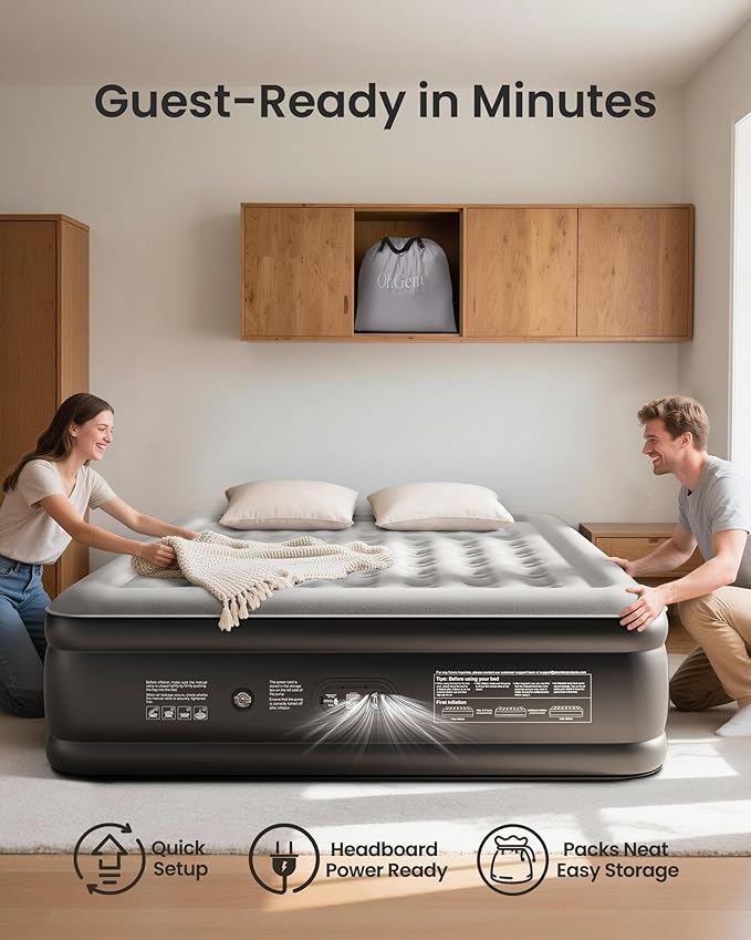 OhGeni Cal King Air Mattress with Built in Pump, 18" Tall Inflatable Blow Up Bed, Luxury Comfort for People(190CM Height), Keep Feet from Dangling, Foldable & Portable Colchon inflables, Black