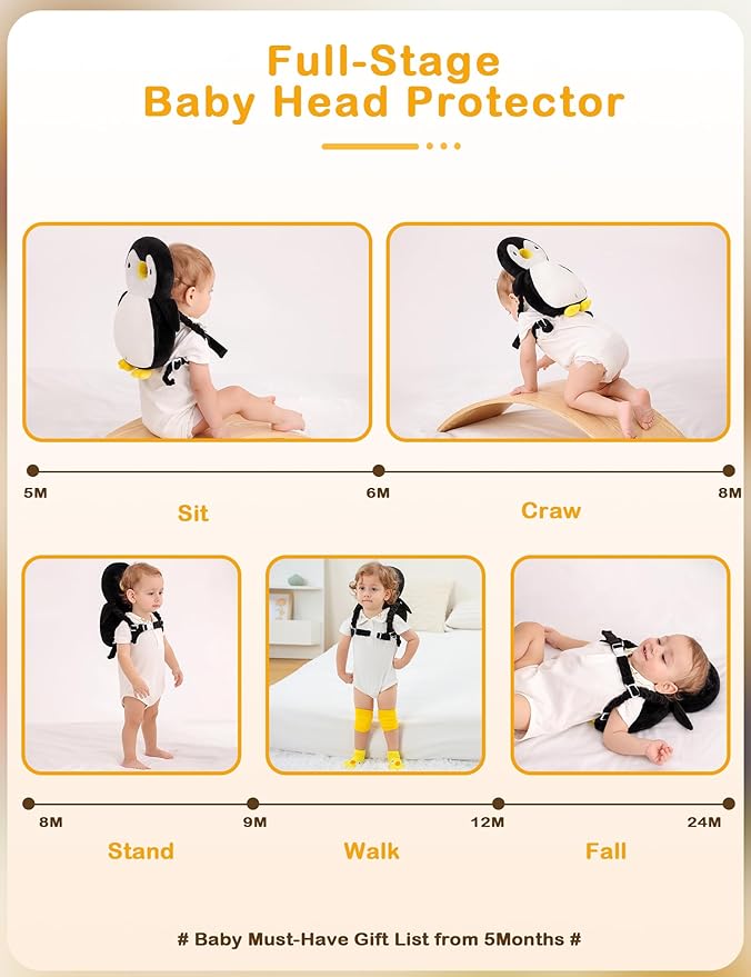 JunNeng Baby Head Protector Backpack, Toddler Walking Fall Head Protection, White Black Penguin
