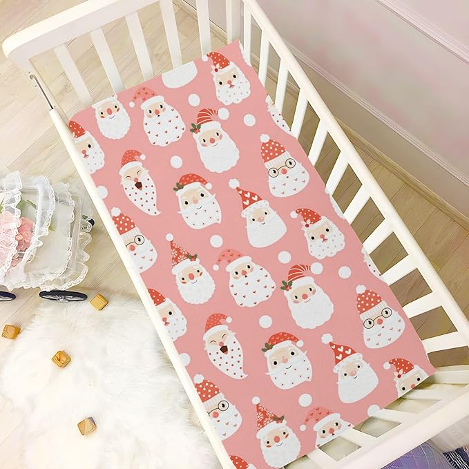 Santa Pink Christmas Crib Sheets Soft Breathable Fitted Baby Crib Sheets Mattress Cover for Girl Boys, 52" x 28" x 9"