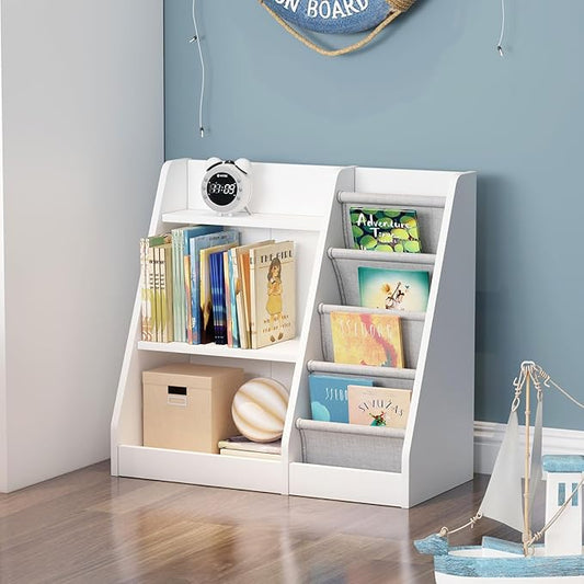 HedoAjim White Kids Bookshelf Wood Toy Storage Organizer Cabinet Children Bookcase Toddler Baby Sling Book Rack Adjustable Shelf for Playroom Bedroom Nursery Hallway School Kindergarten