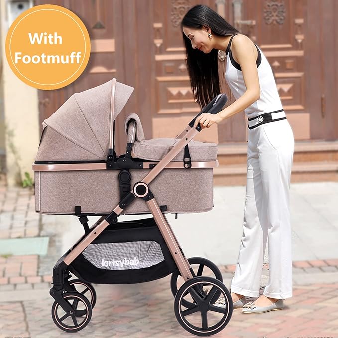 2-in-1 Baby Stroller - Folding Infant Newborn Pram Stroller with Reversible Seat - Toddler Strollers for 0-36 Months Old Babies (Beige)