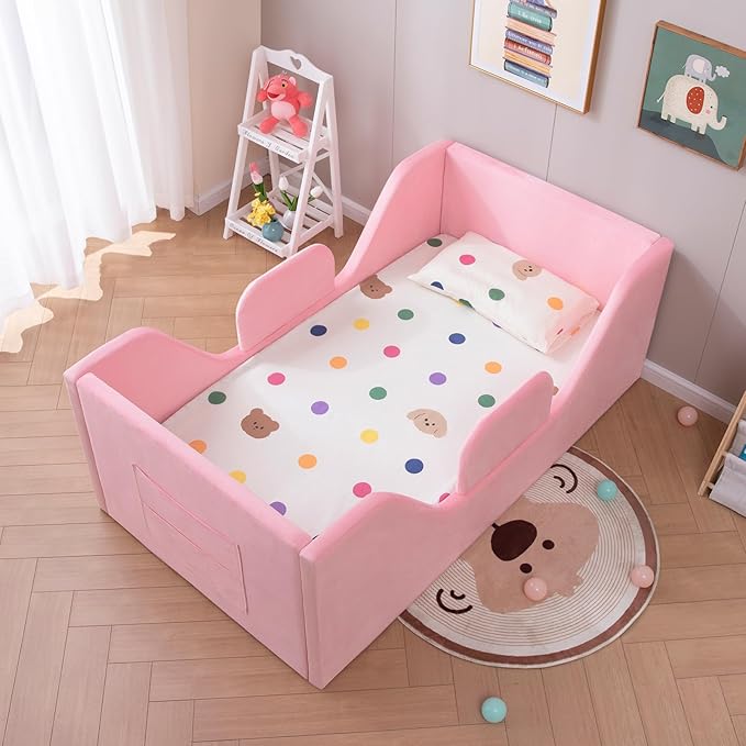 Toddler Floor Bed with Removable Safety Rails and Storage Bag, Kids Bed for Girl and Boys, Standard Crib Size, Safety Upholstered Child Beds, Low to Floor Design