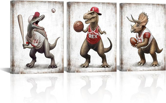 Derkymo Dinosaur Canvas Wall Art Sports Gift Idea for Nursery and Kids Room Modern Gallery Wrapped Wall Art Prints Teen Room Decor Stretched and Framed Ready to Hang 12"x16"x3 Pieces
