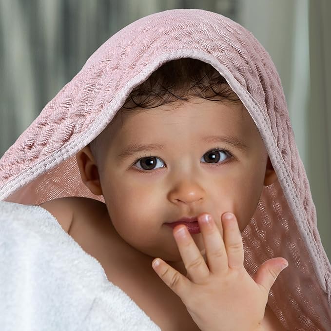 Peryiter 4 Pcs Muslin Hooded Baby Towels, 32x 32'' Cotton Newborn Bath Towel Muslin Infant Baby Blankets Absorbent Unisex Christmas Registry Gift Essentials for Girls Boys (Light Pink)
