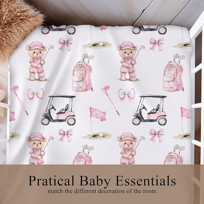 Cute Golf Bear Balls Cart Club Pink Baby Crib Sheet for Boys & Girls 52x28x9 in Bears Bows Golfing Bag Sport Fitted Crib Mattress Cover for Golfs Lover Gift Bed Sheet Balls One Size
