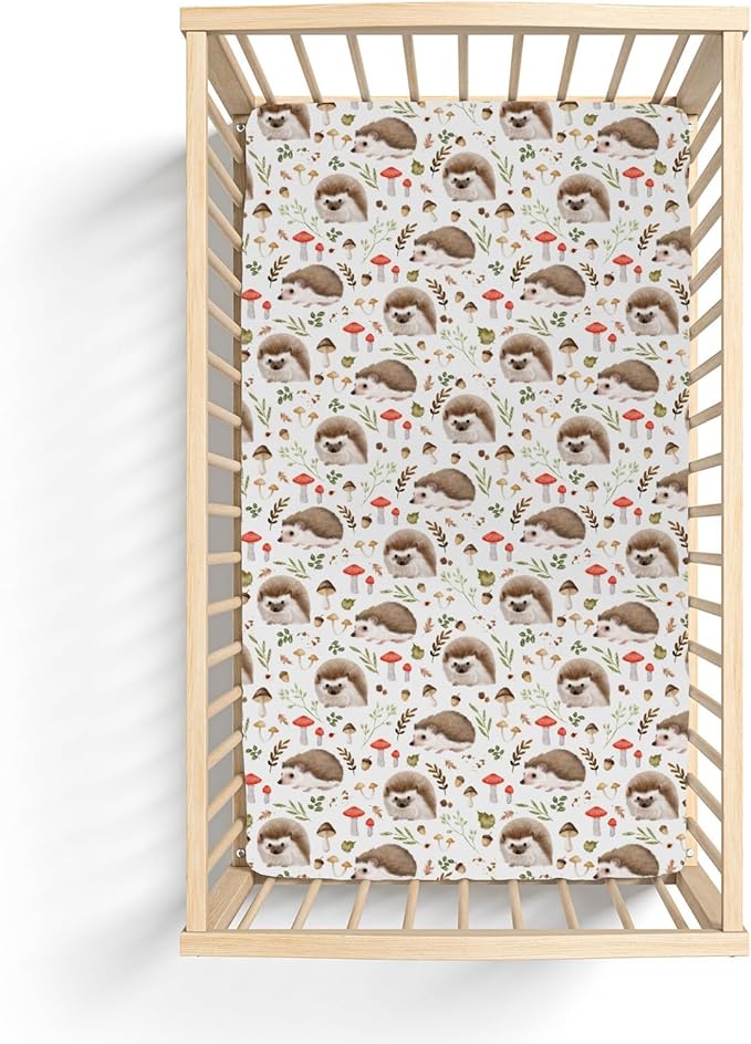 Cute Hedgehogs Baby Crib Sheets for Boy Girl 52x28Inch Hedgehog Mushroom Leaves Soft Snug Fitted Crib Mattress Cover Animal Baby Sheet for Standard Crib and Toddler Bed Mattress