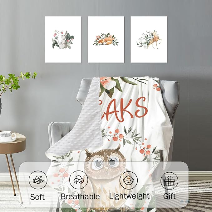Custom Crib Bedding Set – Personalized Name Owl Baby Bedding 5-Piece Set with Soft Blanket, Fitted Sheet, Changing Pad Cover, Rug and Wall Art – Whimsical Woodland Nursery Decor for Boys Girls