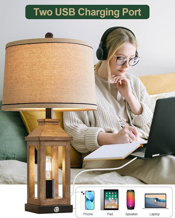 G-SAFAVA 23.75" Farmhouse Table Lamps USB A+C Charging Ports 3-Way Dimmable Touch Control Lamp Nightlight Vintage Modern Lamp for Living Room Bedroom with 2 Light Sources