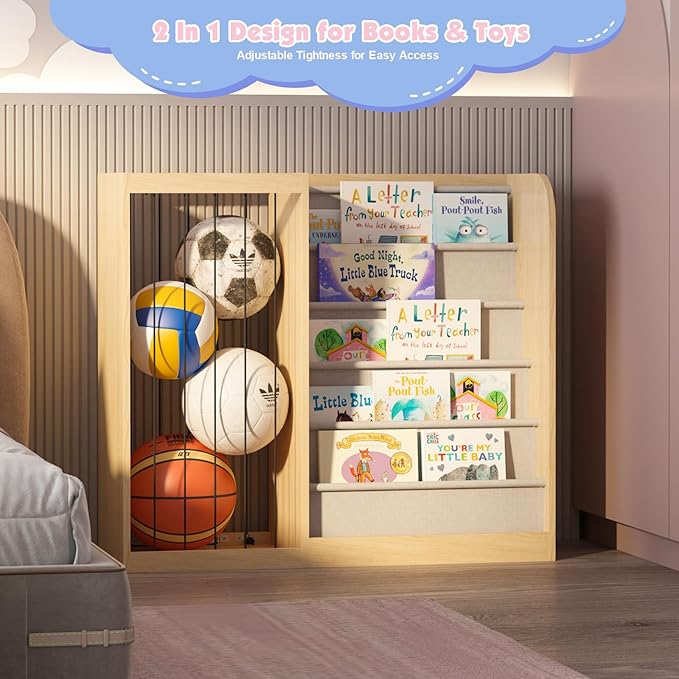 HedoAjim Natural Wood Kids Bookshelf & Stuffed Animal Net Holder Plush Toy Storage Organizer Child Bookcase Toddler Baby Sling Book Rack for Playroom Bedroom Nursery Infant Boys Girls Preschool