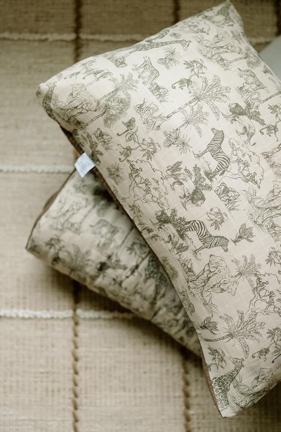 Oilo 100% Organic Premium Cotton Muslin Crib Quilt & Sham Set, (45" x 60") Print and Solid Sides, Extra-Soft & Lightweight, Fits Toddler Beds, Heirloom Organic Collection, Vintage Safari