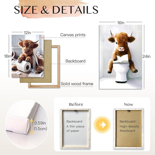 Hianan Funny Highland Cow Canvas Wall Art, Cute Brown Cow Bathroom Decor, Framed Animal Bathing Poster Prints, Retro Rustic Farmhouse Wrapped Canvas Artwork for Restroom 12"x16"x3
