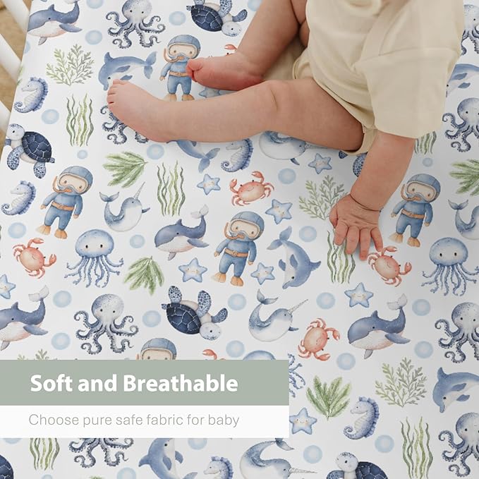 Sea Animal Baby Crib Sheets for Boy Girl 52x28 Diver Turtle Jellyfish Whale Corals Starfish Soft Snug Fitted Crib Mattress Covers Cute Ocean Animals Baby Sheet for Standard Crib & Toddler Bed Mattress