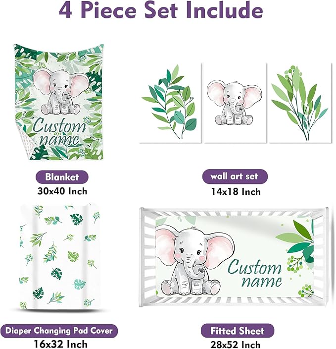 Personalized Baby Crib Bedding Set: 4 Piece Custom Gift Crib Bed Set with Name - Green Elephant Design, Nursery Bedding Set for Baby Girls,Newborn Girls Crib Sets, Crib Bedding Shower Gifts